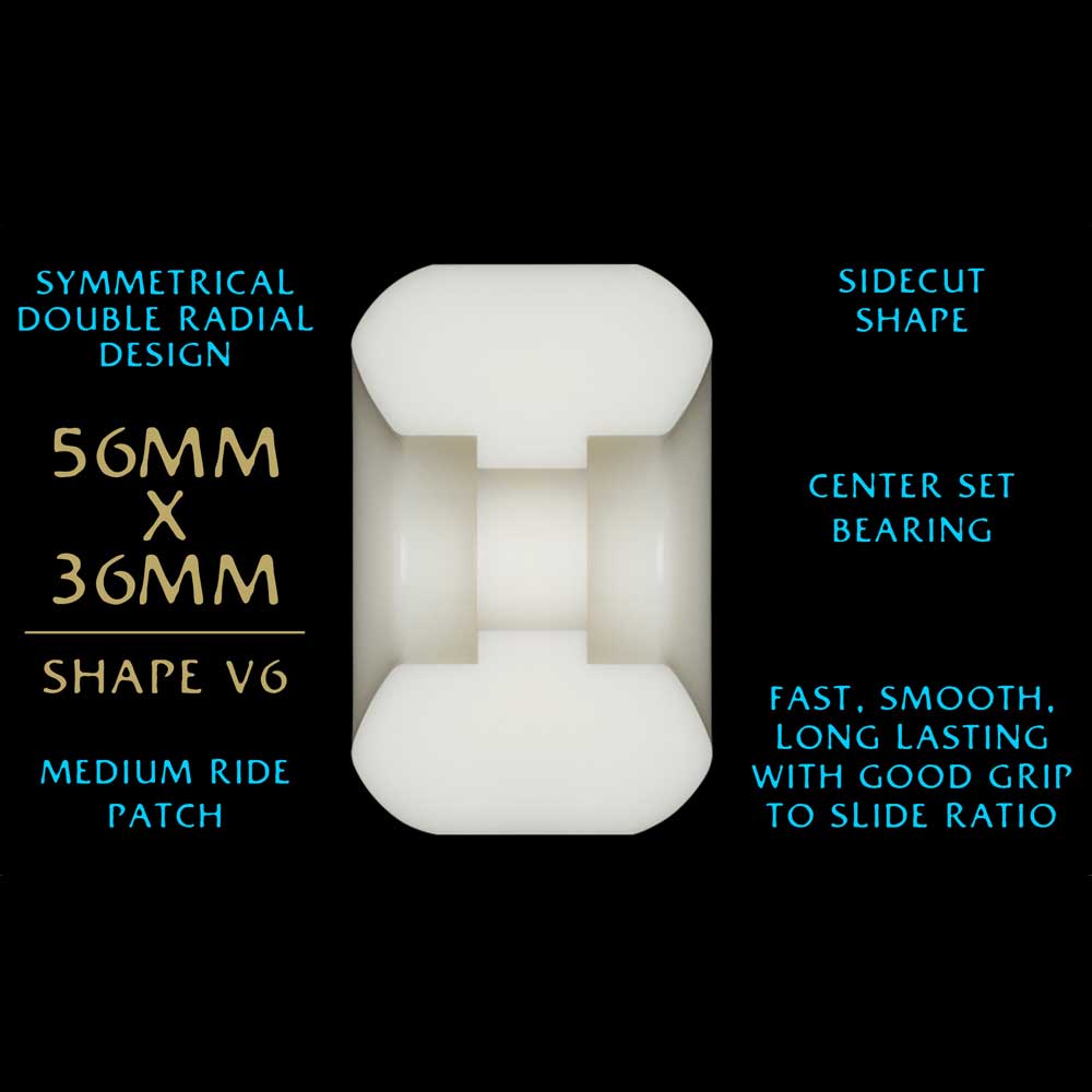 The Powell Peralta Dragons 97A V6 Skateboard Wheels, shown in white and sized 56mm x 36mm, feature a symmetrical double radial design with a medium ride patch and sidecut shape. Their high rebound formula offers speed and excellent grip-to-slide balance.