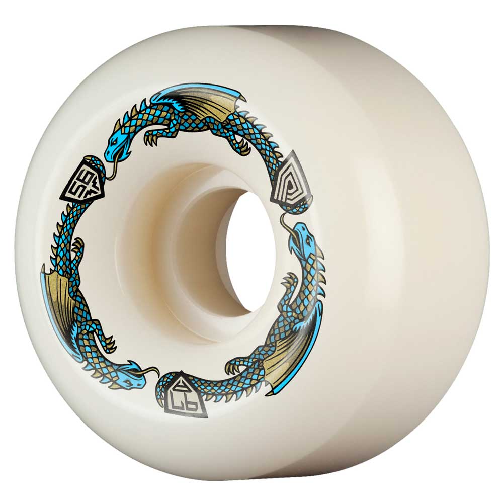 The Powell Peralta Dragons 97A V6 Skateboard Wheel (56mm x 36mm) is white with a high rebound, featuring two blue and gold dragons in a circle and geometric shield motifs near their tails.