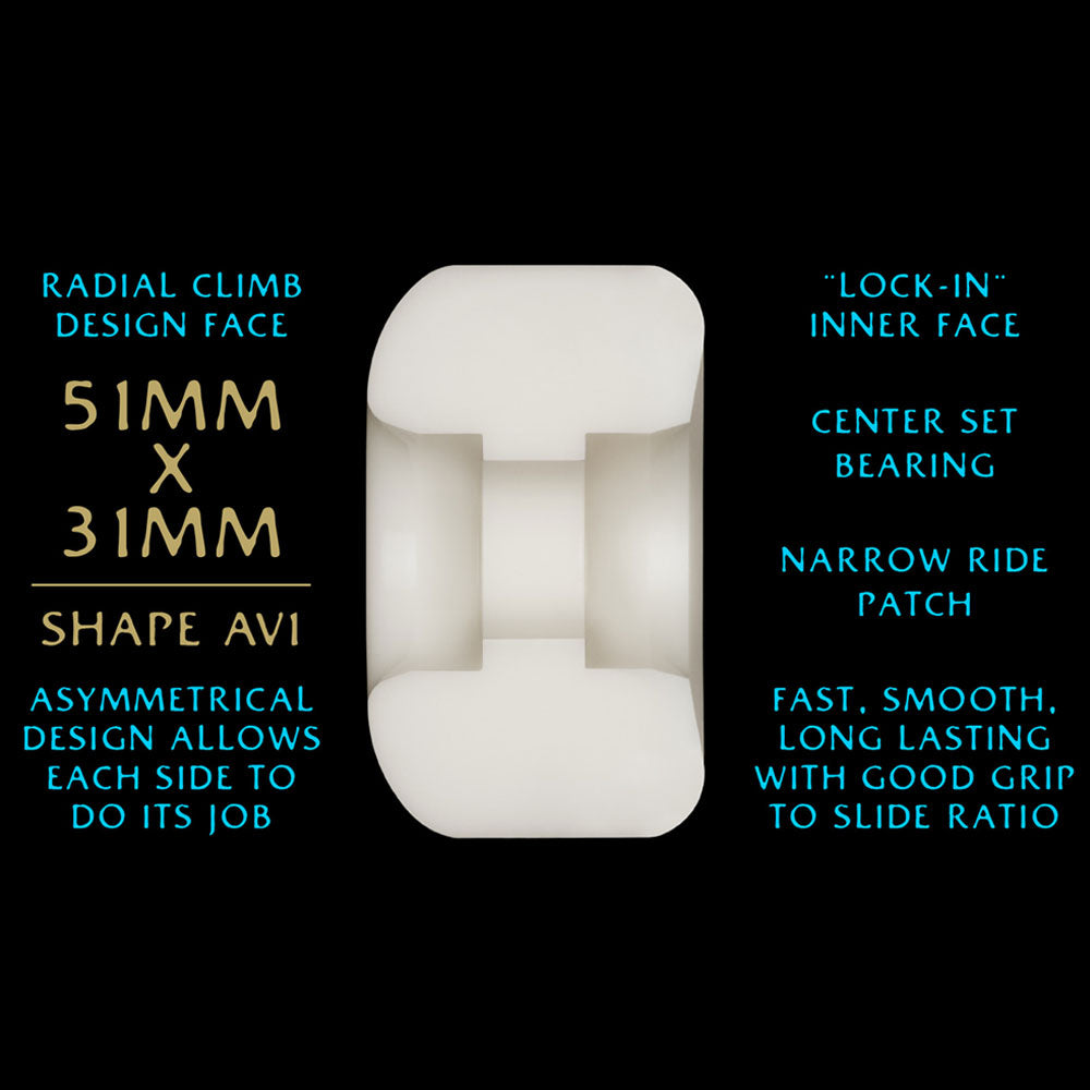 The Powell Peralta Kelvin Hoefler Pro Nano Rats 97A wheels (51mm x 31mm) feature an AV1 asymmetrical shape, lock-in inner face, centerset bearing seat, narrow ride patch, and balanced grip—perfect for technical skateboarding.