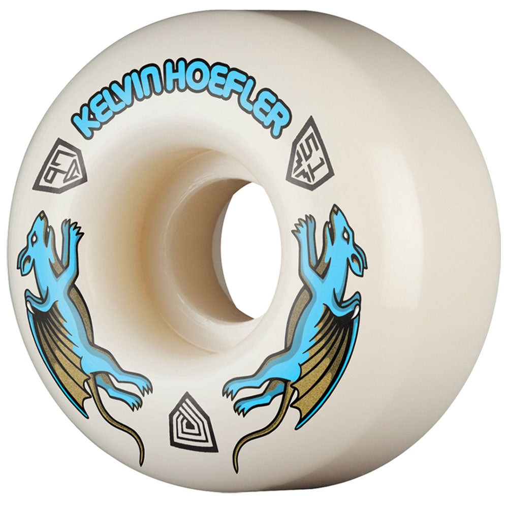 The Powell Peralta Kelvin Hoefler Pro Nano Rats 97A skateboard wheel is white, 51mm x 31mm, features blue and gold dragon designs, geometric symbols, and "Kelvin Hoefler" in blue lettering on top.