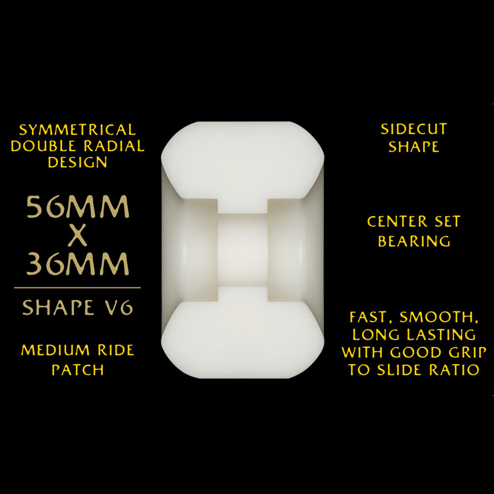 The Powell Peralta Mike Vallely Pro Dragons 95A V6 Skateboard Wheels feature a symmetrical double radial design, medium ride patch, sidecut shape, center set bearing, and 56mm x 36mm size for a fast, smooth ride on rough terrain.