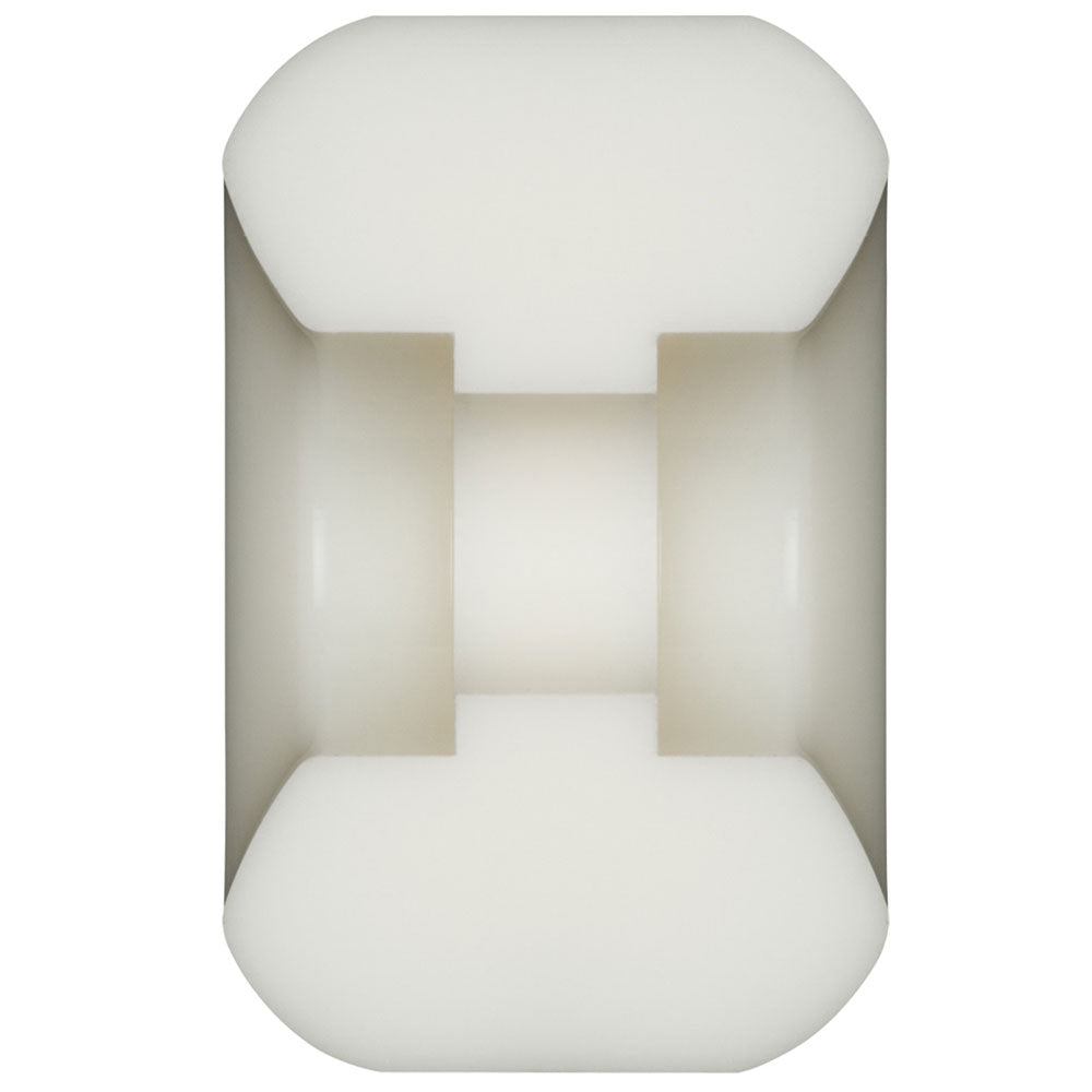 A white Powell Peralta Mike Vallely Pro Dragons 95A V6 symmetrical plastic skateboard wheel, 56mm x 36mm with rounded edges and a central groove, is shown in side view against a plain white background.