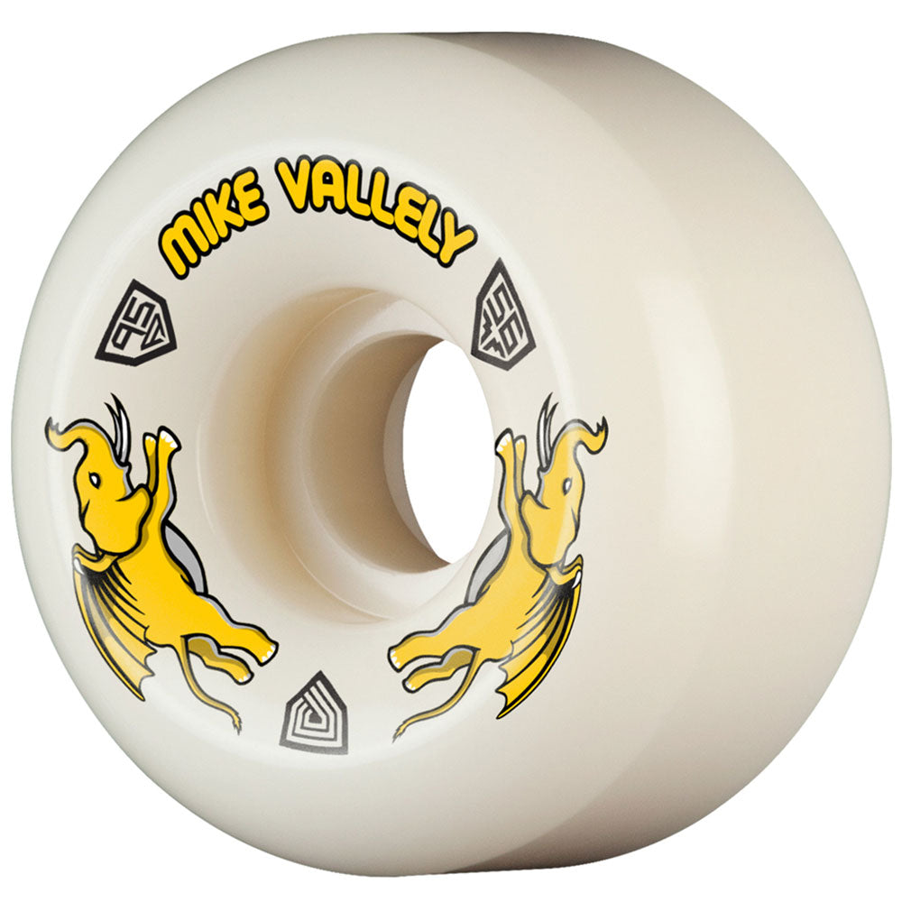 The Powell Peralta Mike Vallely Pro Dragons 95A V6 Symmetrical Shape wheels (56mm x 36mm) feature bold yellow elephant graphics and Mike Vallely’s name, offering a medium ride patch—ideal for durable skateboarding performance.