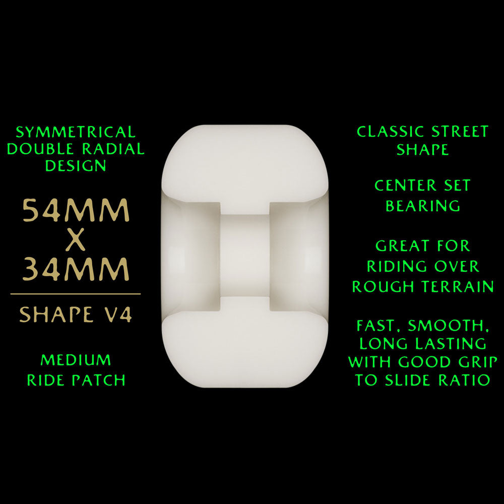 The Powell Peralta Nano Rats 88A - V4 Symmetrical Double Radial skateboard wheels are shown front and side, featuring a medium ride patch, 54mm x 34mm size, center set bearing, classic street shape, and smooth grip slide for rough terrain.