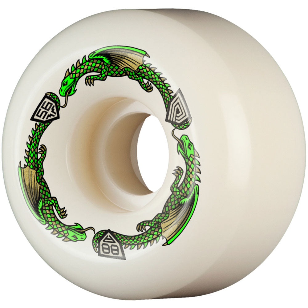 The Powell Peralta Nano Rats 88A AV6 Skateboard Wheel is white, 56mm x 36mm, and features two winged green dragons encircling the hub with geometric symbols by their heads and tails. V6 Symmetrical Double Radial shape, medium ride patch.
