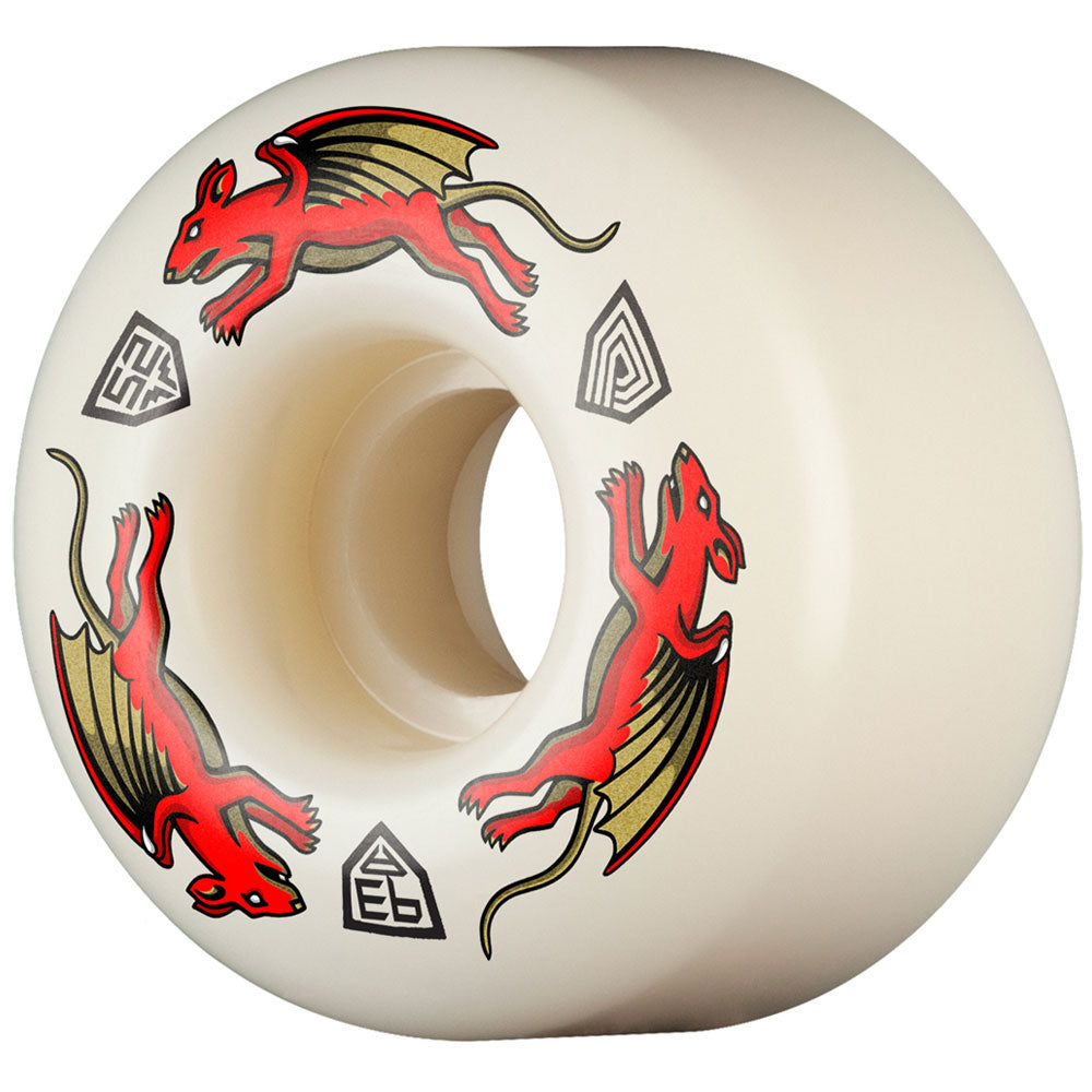A white Powell Peralta Nano Rats 93A skateboard wheel (52mm x 34mm) with red winged rat graphics and black geometric symbols, made from durable Dragon Formula in AV4 asymmetrical shape.