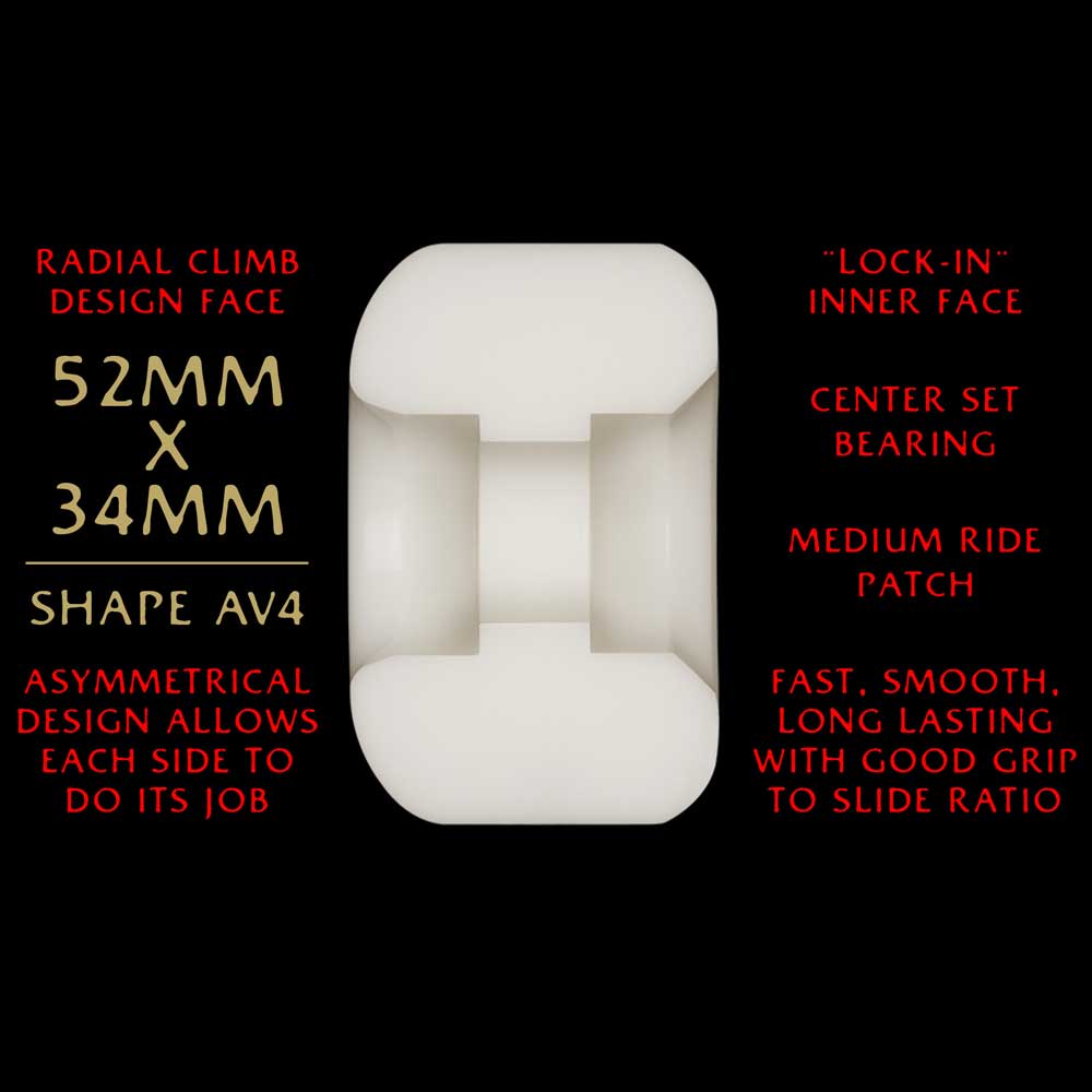 The Powell Peralta Nano Rats 93A AV4 skateboard wheel, shown in white, features a 52mm x 34mm size, AV4 asymmetrical shape with radial climb outer face, lock-in inner face, and a medium ride patch.