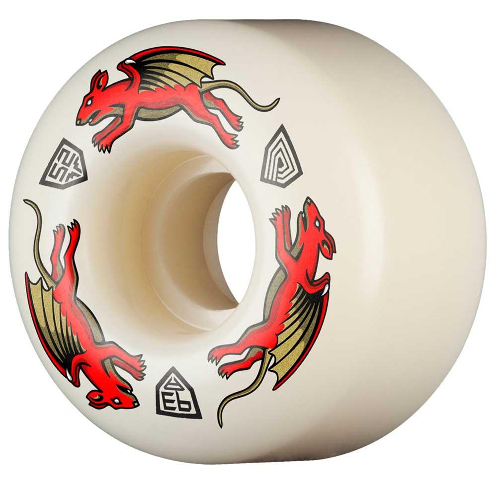 A Powell Peralta Nano Rats 93A skateboard wheel (52mm x 34mm, AV4 Asym, Medium Ride Patch) in white, featuring two red rat-like creatures with yellow wings and black outlines, plus geometric symbols printed on the side.