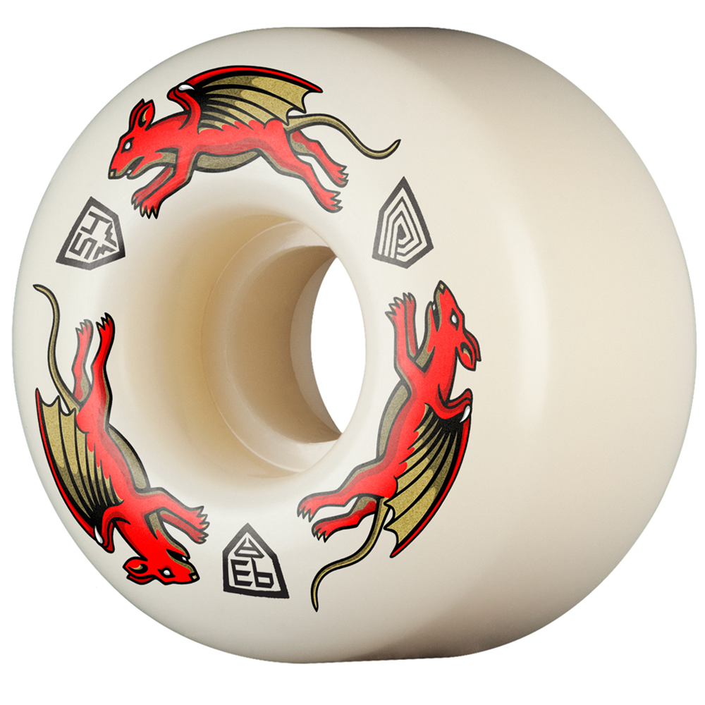 The Powell Peralta Nano Rats 93A AV4 Skateboard Wheels (54mm x 34mm) feature white urethane, three red winged dragon-like graphics, and geometric symbols—a standout from the Medium Ride Patch asymmetrical AV4 series.
