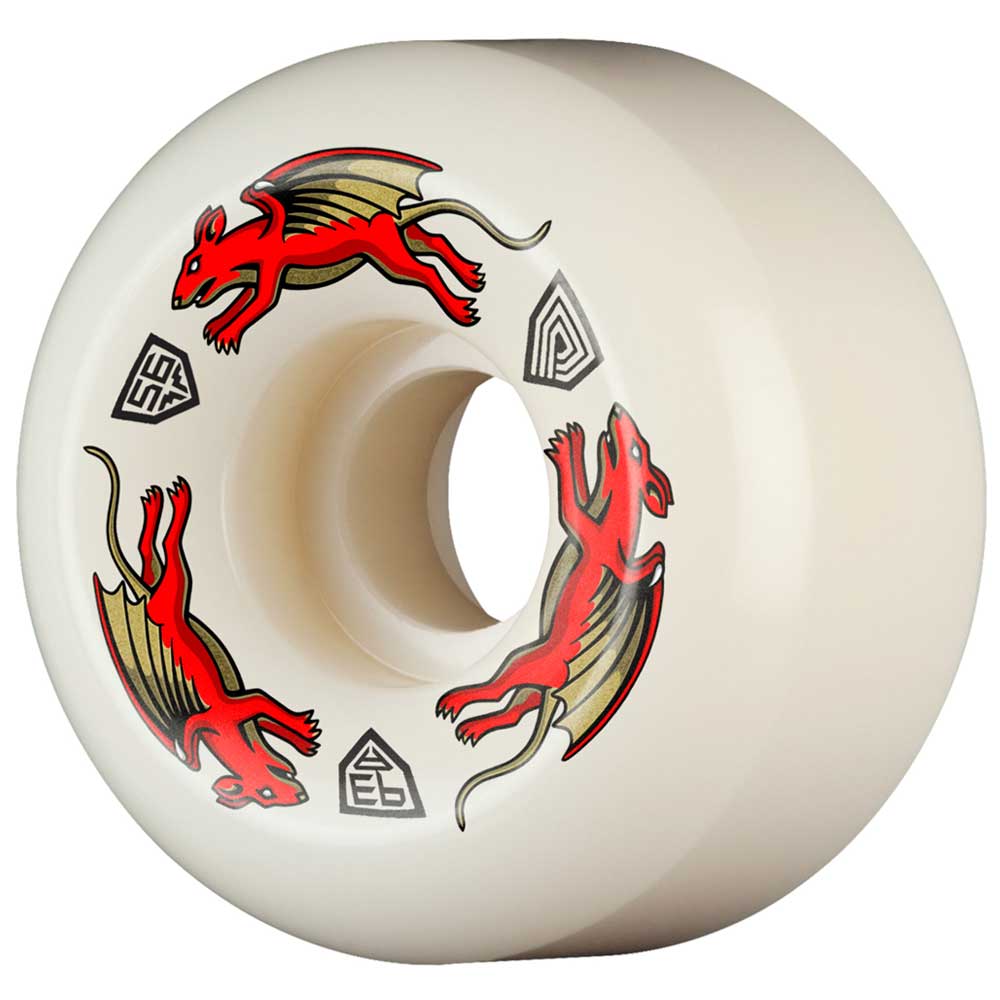 The Powell Peralta Nano Rats 93A AV4 skateboard wheels (56mm x 36mm) feature a white design with two red winged dragons, three black geometric symbols, and offer premium performance with their asymmetrical shape and medium ride patch.