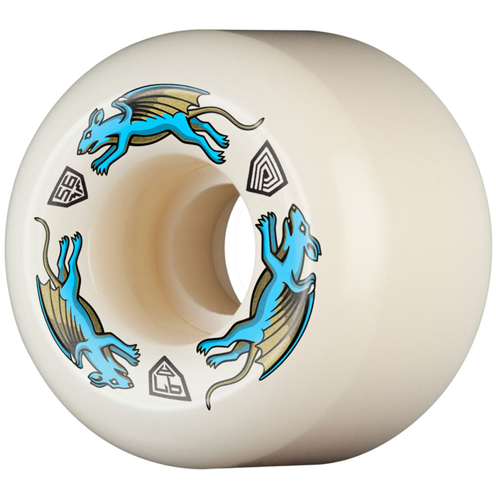 The Powell Peralta Nano Rats 97A AV4 Skateboard Wheels (54mm x 34mm, AA2 Asymmetrical Shape) combine stylish blue and yellow dragon graphics with durable 97A urethane, ideal for medium ride patch performance.