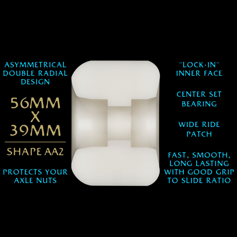 A white Powell Peralta Nano Rats 97A skateboard wheel with a medium ride patch is shown from the side, featuring “54mm x 34mm,” “AA2 asymmetrical shape,” and text about its 97A hardness.