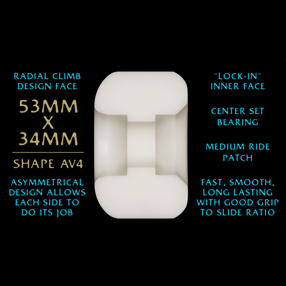 The Powell Peralta Nano Rats 97A AV4 Skateboard Wheels feature a 53mm x 34mm size, asymmetrical AV4 shape, medium ride patch, lock-in face, and center set bearing—ideal for fast, smooth skatepark rides.