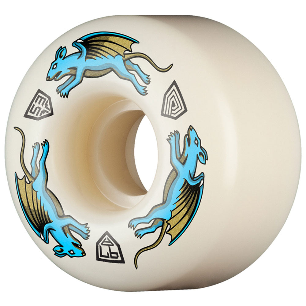 The Powell Peralta Nano Rats 97A AV4 53mm x 34mm skateboard wheel is white with two blue rats featuring yellow wings and three small black and gray geometric symbols.