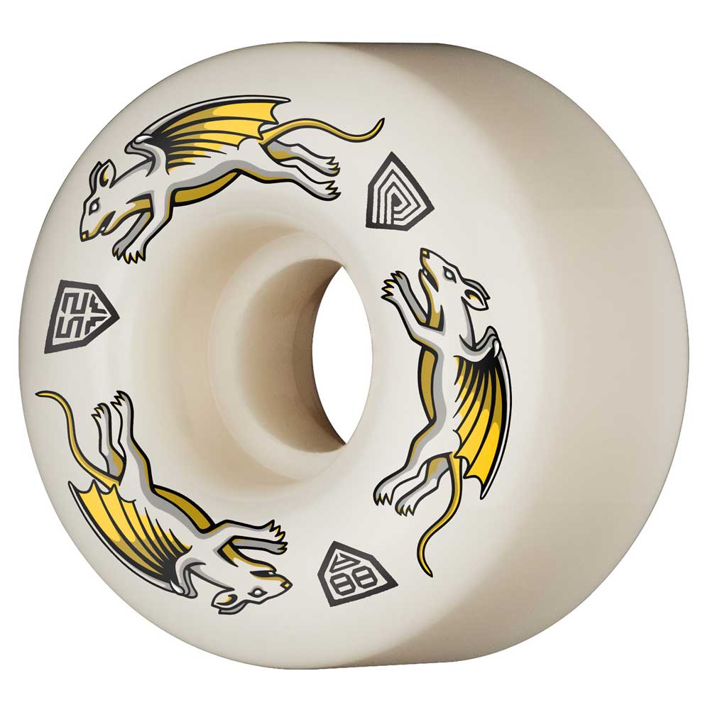 The Powell Peralta Dragon Formula Nano Rats 52mm88A wheel features two winged rats in yellow and gray with three geometric symbols, all on a white 34mm DF Full wheel designed for top skateboarding performance.