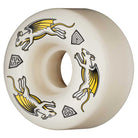 The Powell Peralta Dragon Formula Nano Rats 52mm88A wheel features two winged rats in yellow and gray with three geometric symbols, all on a white 34mm DF Full wheel designed for top skateboarding performance.