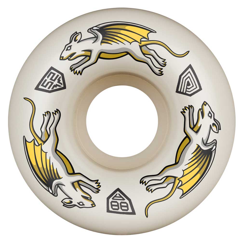 The Powell Peralta Wheels Dragon Formula Nano Rats 52mm88A 34MM DF Full features white skateboarding wheels with three winged rats in gray, yellow, and black plus geometric symbols, made from durable Dragon Formula urethane.