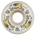 The Powell Peralta Wheels Dragon Formula Nano Rats 52mm88A 34MM DF Full features white skateboarding wheels with three winged rats in gray, yellow, and black plus geometric symbols, made from durable Dragon Formula urethane.
