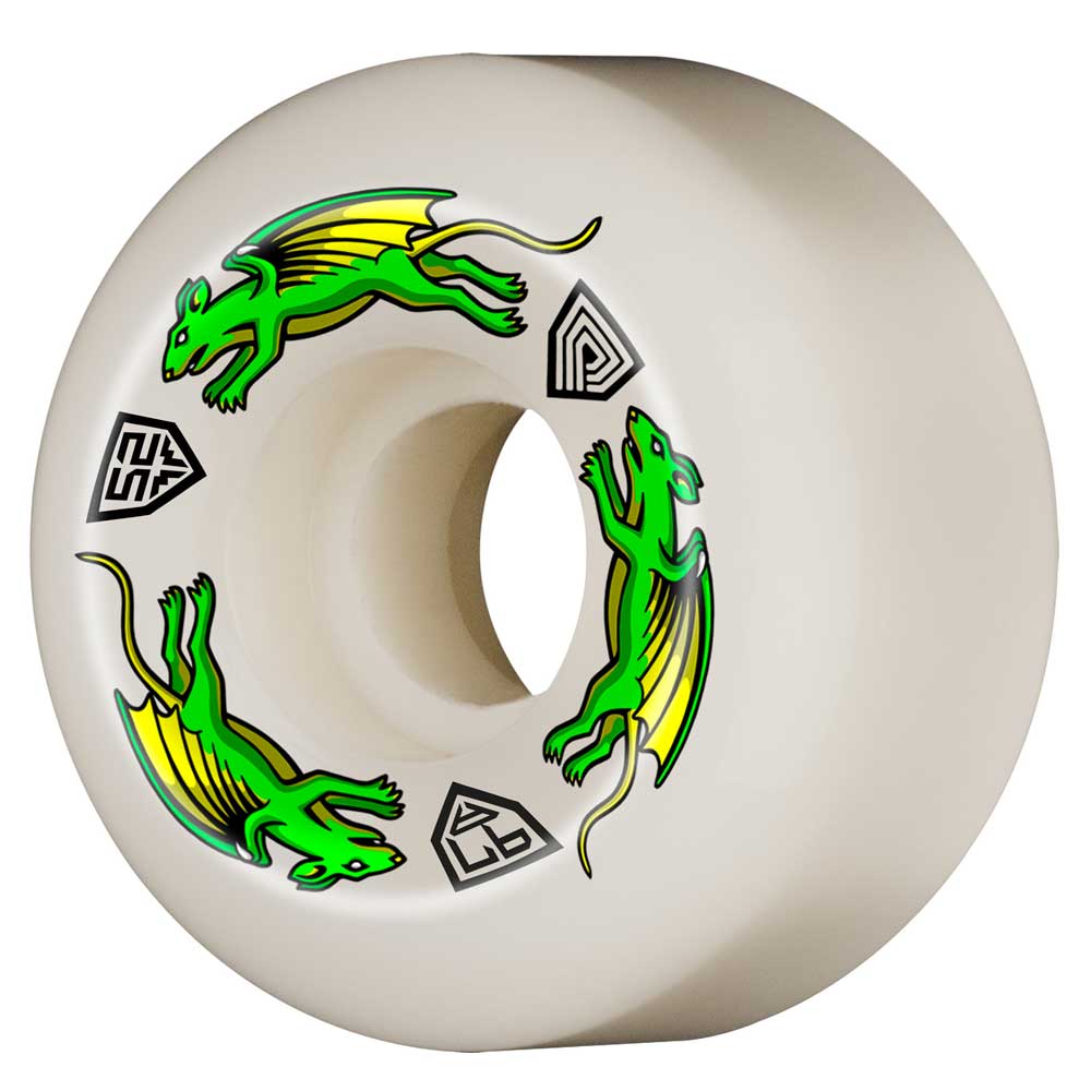 Skateboard wheel with green lizard design on a white background