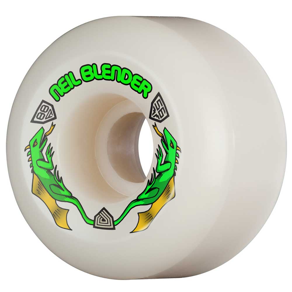 The Powell Peralta Dragon Formula Neil Blender wheels feature Neil Blender in green above two green dragons, with black and gold accents. These white wheels measure 56mm 88A, are 40mm wide, and offer a perfect ride.