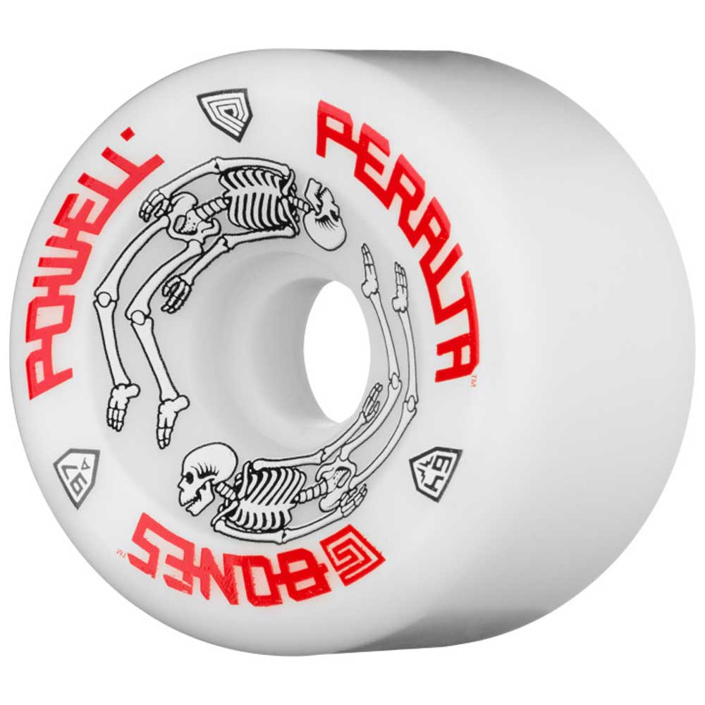 White Powell Peralta Wheels G Bone 64mm97A, featuring red Powell Peralta and Bones text with two skeletons curled in a circle around the center; part of the classic G Bone collection.