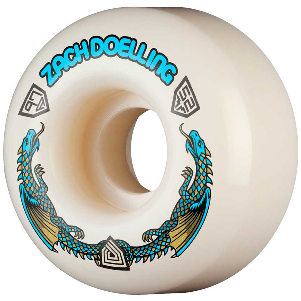 The Powell Peralta Zach Doelling Pro Dragons 97A skateboard wheels feature blue and yellow dragon graphics, geometric designs, and Zach's name on durable 52mm x 31mm V1 Symmetrical Shape with a narrow ride patch.