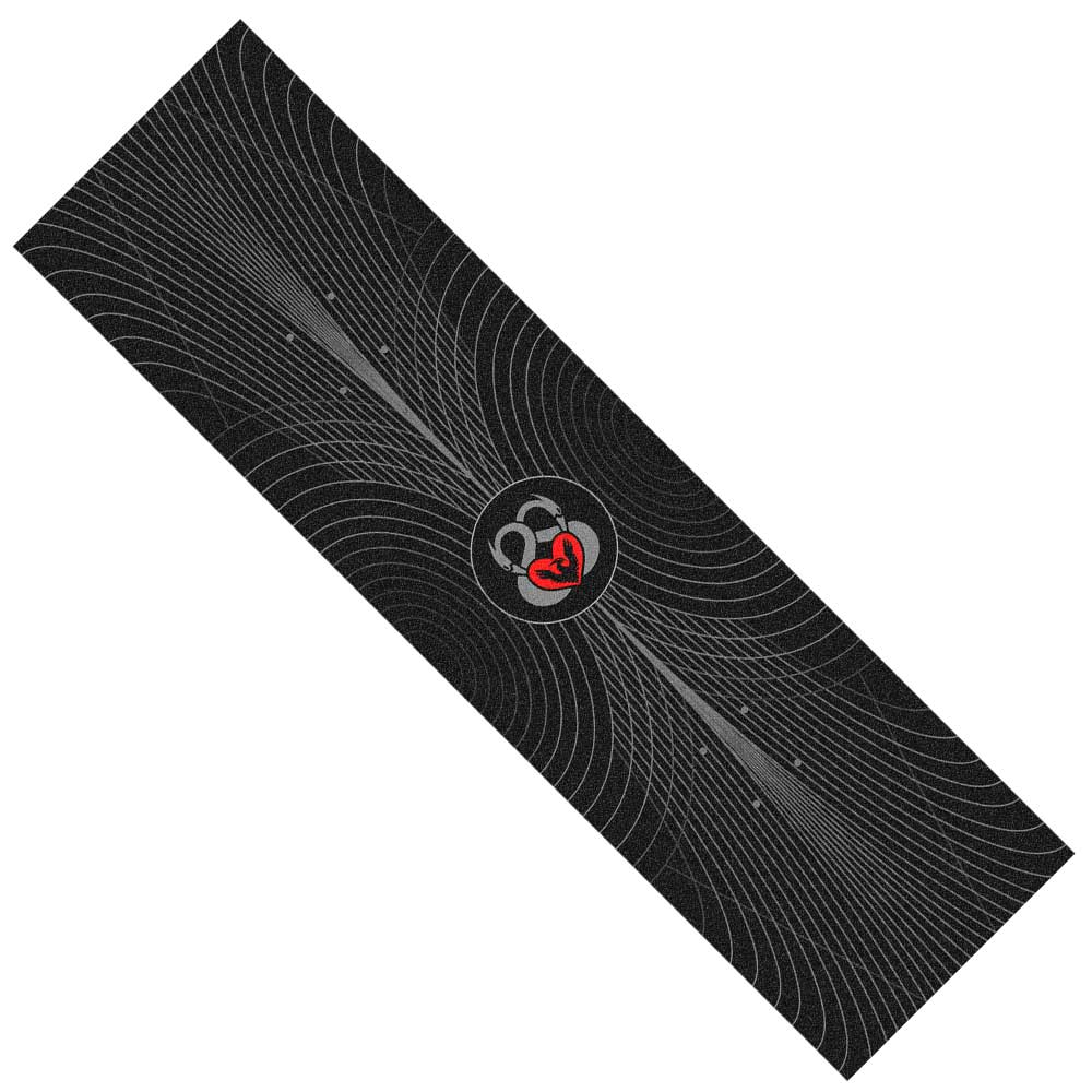 A black yoga mat inspired by the Power Lines 2 Andy Anderson Powell Peralta Griptape Sheet, with white curved wave-like lines and a central circle featuring a red heart and two gray ear-shaped designs.