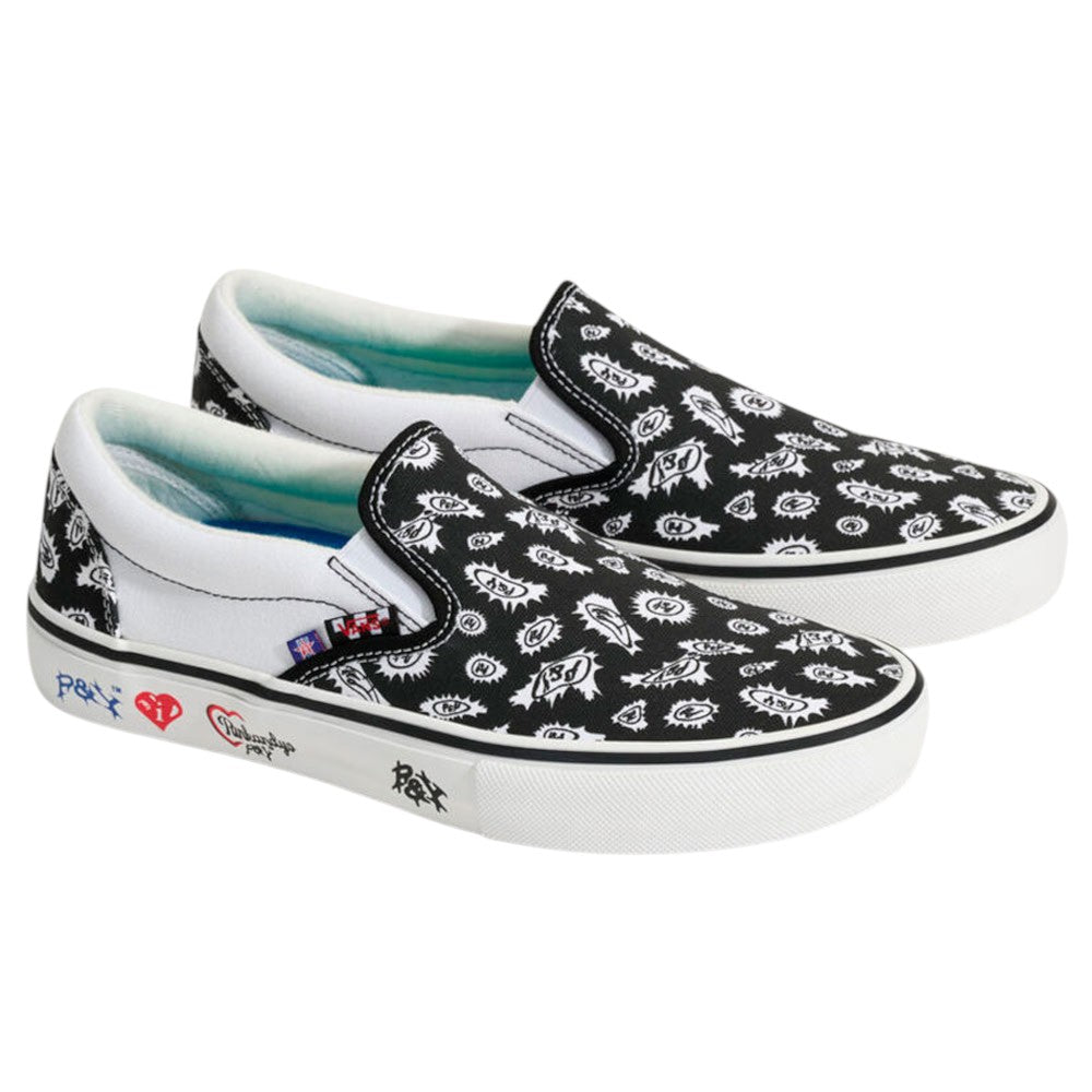 The Punk and Yo x Vans Skate Slip On VN000EKPY281 Canvas Shoes feature a black and white slip-on design with an eye pattern on the upper and graffiti-style art on the white sole. Inspired by skateboarding streetwear, these low-profile shoes include elastic side accents and are part of the bold PUNKANDYO collaboration.