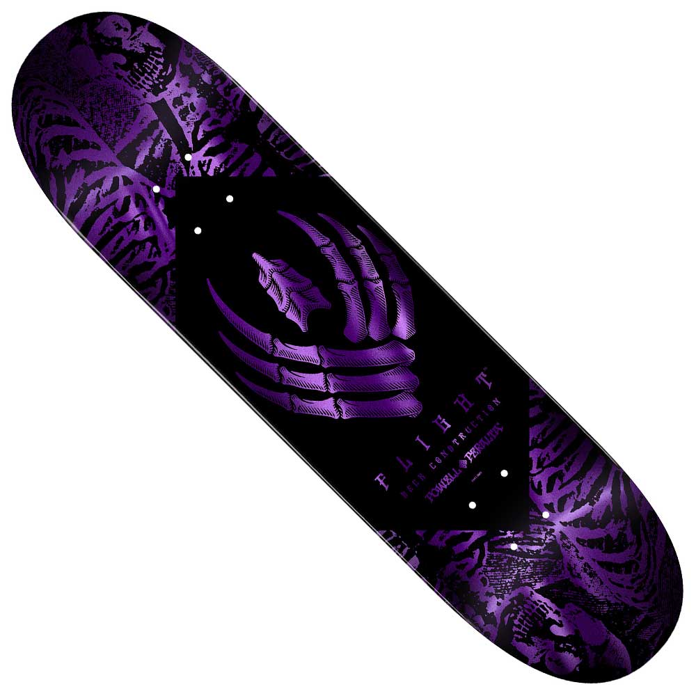 The Purple Foil Skeleton Flight Deck 9x32.4 by Powell Peralta features a purple foil skeleton graphic with skeletal hands, ribcage patterns, and includes FAIRY PRO MODEL text along with other small lettering on the deck.