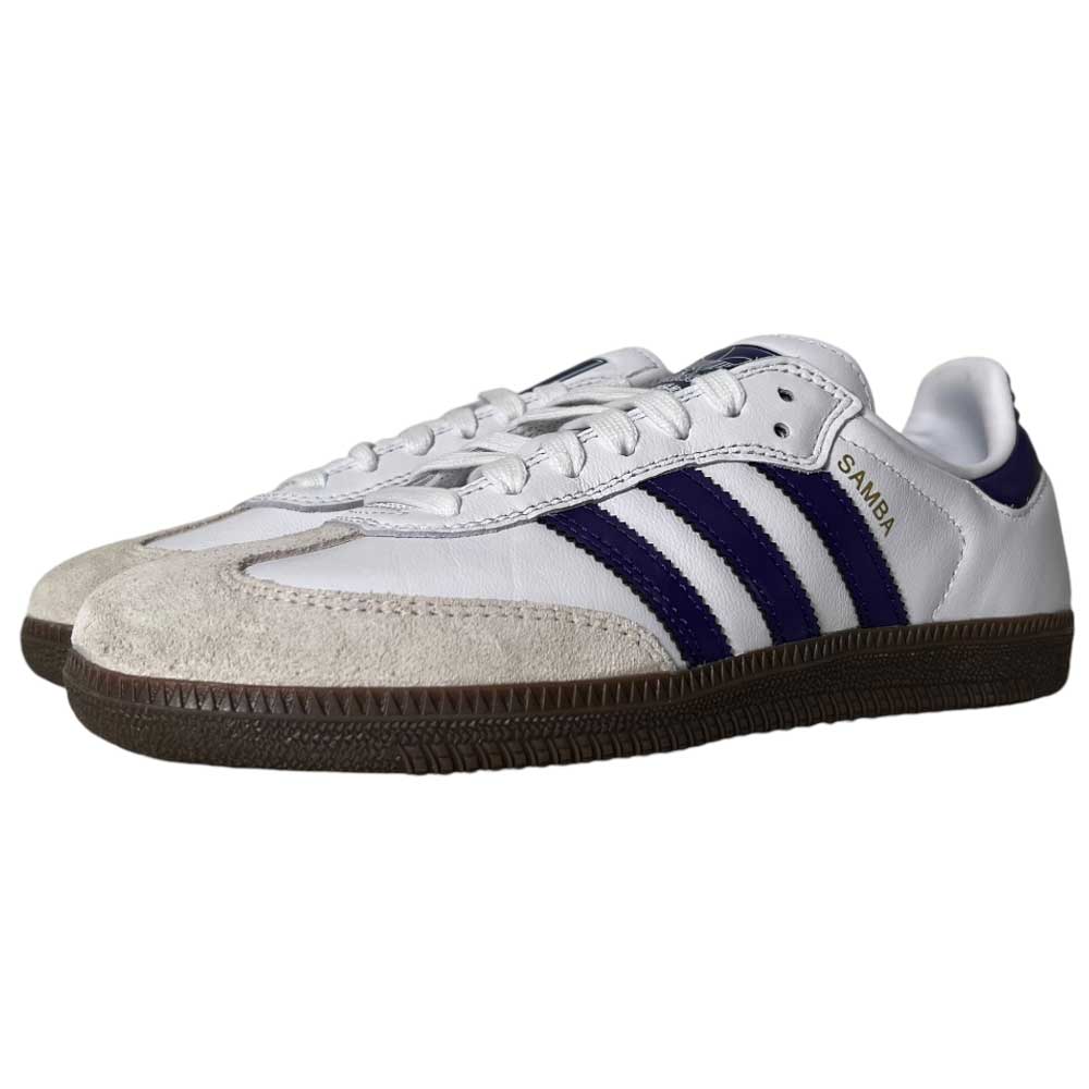 A pair of Purple White Samba ADV Adidas Skateboarding Leather Suede Shoes with white leather, purple details, and suede accents—ideal for fans of Adidas Skateboarding and classic suede styles.