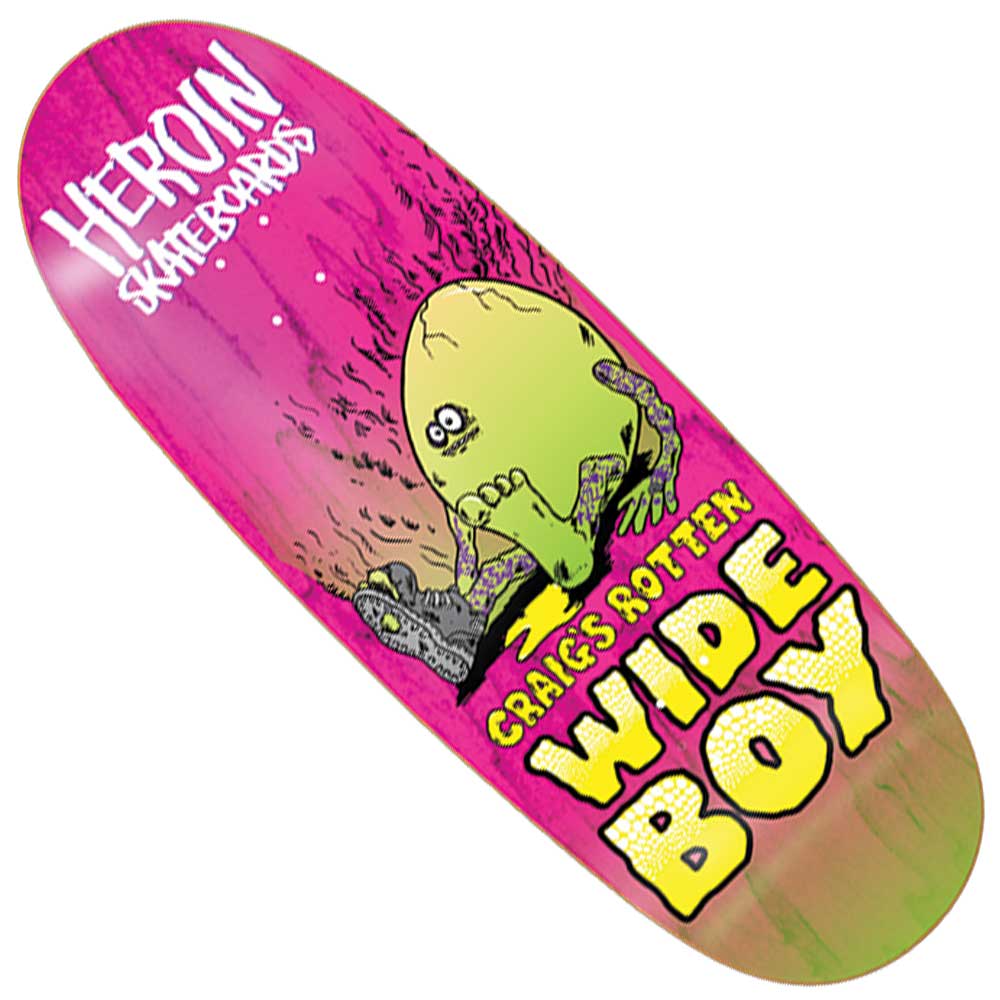 A pink Questions Rotten Wideboy Egg 10.75 Heroin Skateboards shaped deck featuring HEROIN SKATEBOARDS at the top and a cartoon monster eating a bone, with bold yellow text reading CRAIGS ROTTEN WIDE BOY at the bottom.