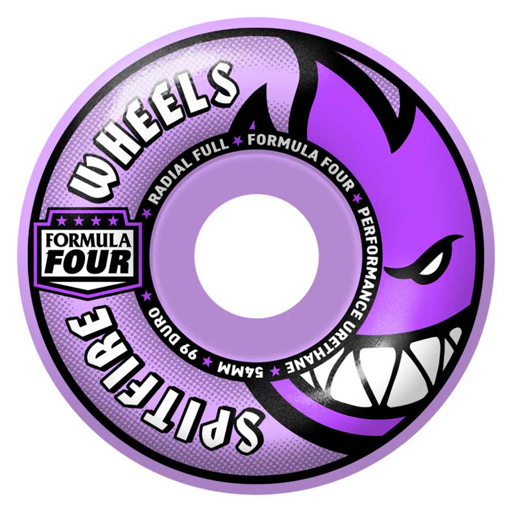 Radial Full Purple 54mm99A Formula Four Spitfire Wheels showcase a striking grinning flame graphic with bold text: "WHEELS," "SPITFIRE," "FORMULA FOUR," "99 DURO," and "54MM" encircling the wheel.