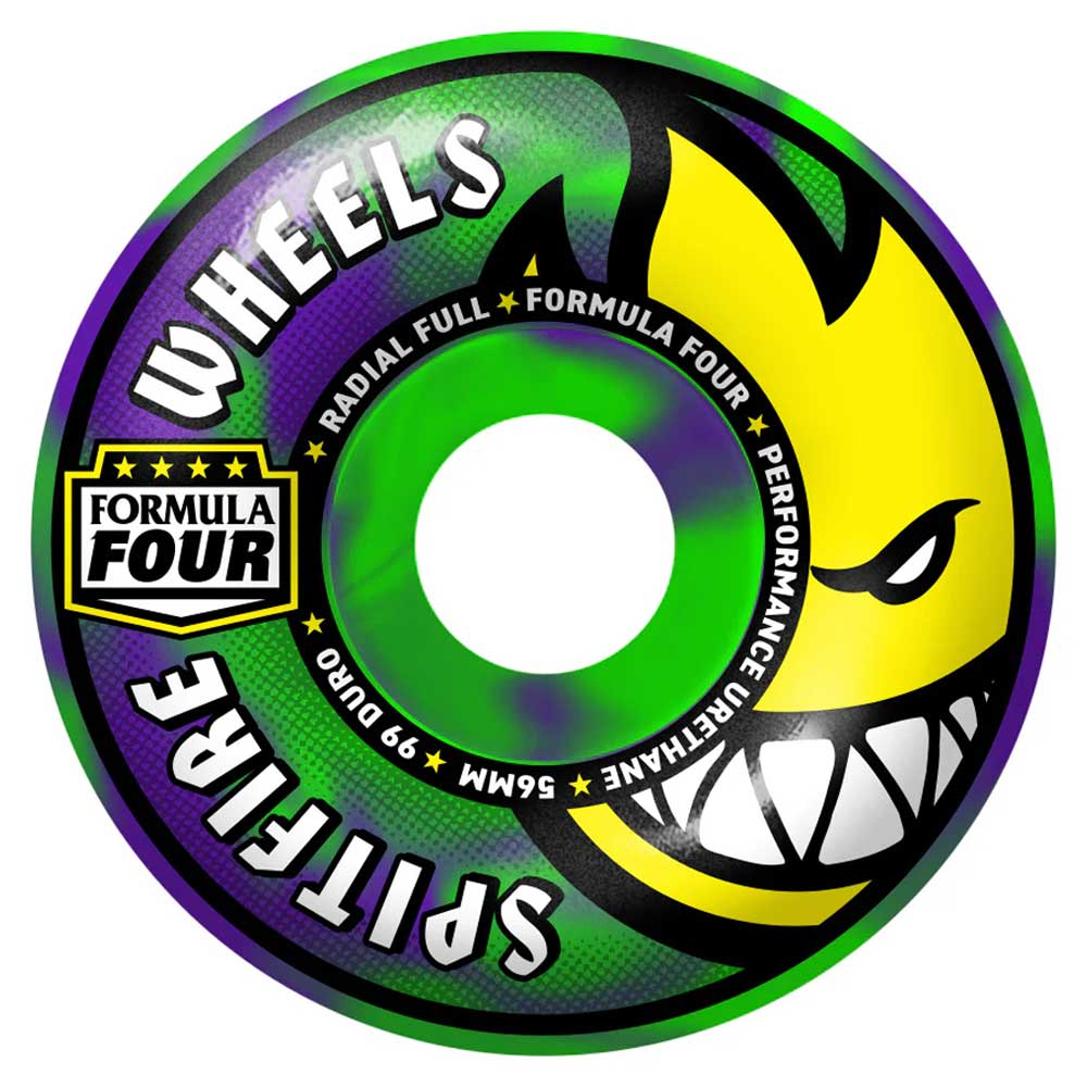 A colorful Spitfire skateboard wheel featuring a green and purple Radial Full Swirl design, yellow flame face, SPITFIRE WHEELS branding, and Formula Four 99A 56mm specs along the edge.