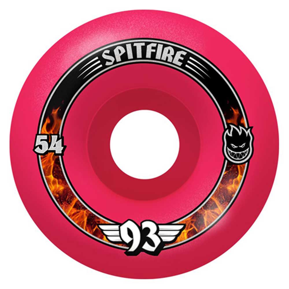 The Radial Pink 54mm93A Formula Four Spitfire Wheels feature black and orange flames, "54mm93A" on the left, a cartoon flame head on the right, and Formula Four’s "93" with wings at the bottom.