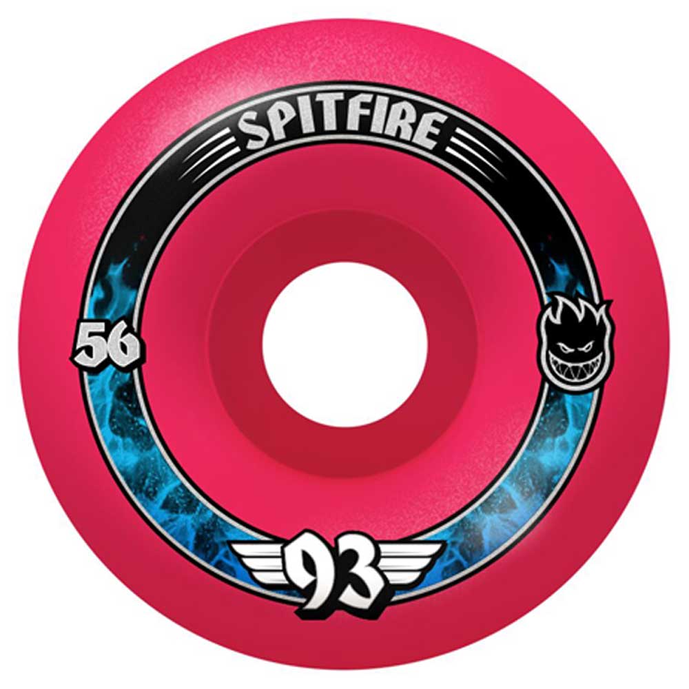 The Radial Pink 56mm93A Formula Four Spitfire Wheels feature a bright pink color, black and blue flame graphics, "SPITFIRE" at the top, 56mm93A on the left, a flame face logo on the right, and "Formula Four" with wings at the bottom.