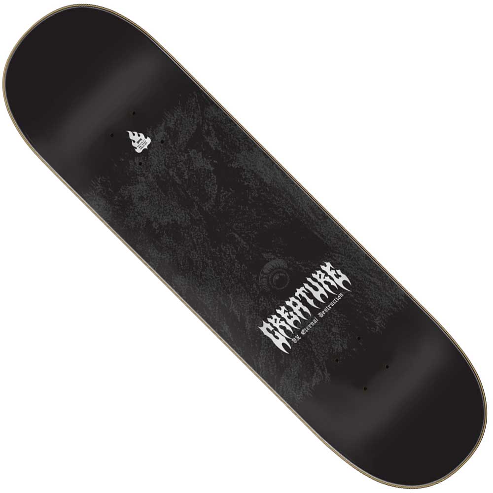 The Raffin Mortem VX Deck 8.6in x 32.11in from Creature features a dark, shadowy graphic with a bold white Creature logo and all terrain concave for versatile skating.