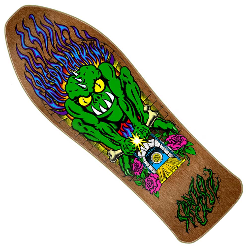 The Rankine Monster Reissue 10.39in x 30.46in Santa Cruz Decks features a brown skateboard deck showcasing the iconic green monster graphic with blue flames, yellow eyes, and sharp teeth clutching a clock, surrounded by pink roses and bones. Built with Santa Cruz Skateboards’ signature Cruz Missile II concave for optimal control, this deck also displays the “Rip City” text.
