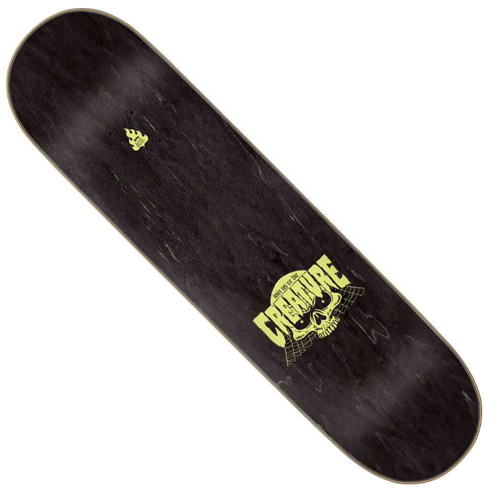 A black Creature Ransom 7 Ply Birch Deck, measuring 8.0in x 31.8in, features a striking yellow skull graphic and the word “CREATURE” boldly printed near one end. Made from durable 7-ply birch, this skateboard deck comes with a clean, unused surface—perfect for your next session.