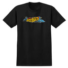 The Raptors Black Tee Krooked Skateboards features a vibrant graffiti-style KOOKED logo in yellow, red, and blue accents—ideal for skateboarding fans.