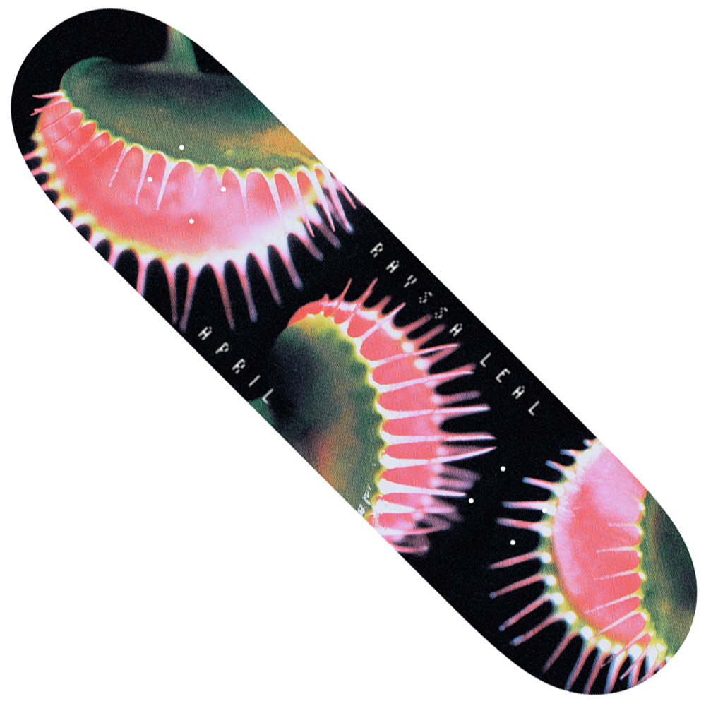 The Rayssa Leal 8 Snappy April Skateboards Deck is a premium maple popsicle deck featuring vivid close-up Venus flytrap art in green, pink, and red, with APRIL and RAYSA LEAL text—ideal for street and park skating.