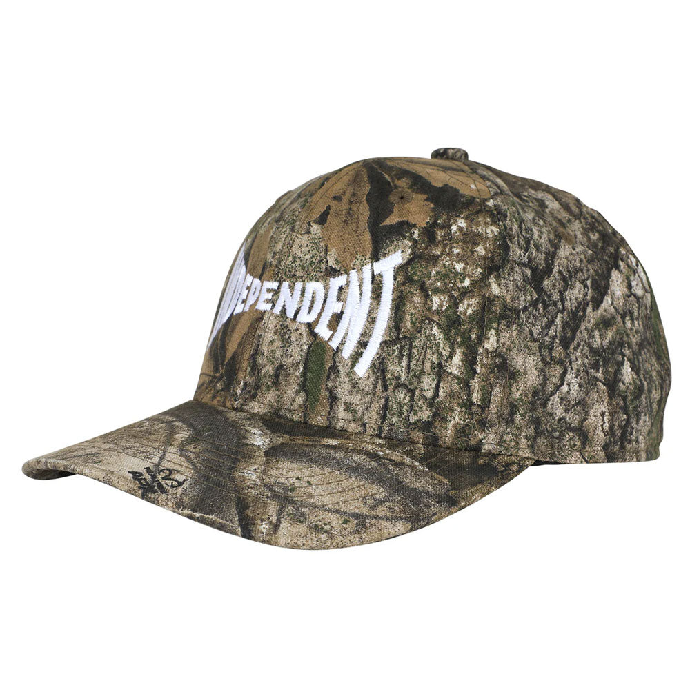 Introducing the Real Tree APX Hat Span Logo Structured Snapback Unisex Independent—a camouflage baseball cap featuring a woodland pattern inspired by Real Tree APX and "INDEPENDENT" embroidered in white on the front. With its structured design and curved brim, this unisex snapback is an ideal choice for outdoor enthusiasts.