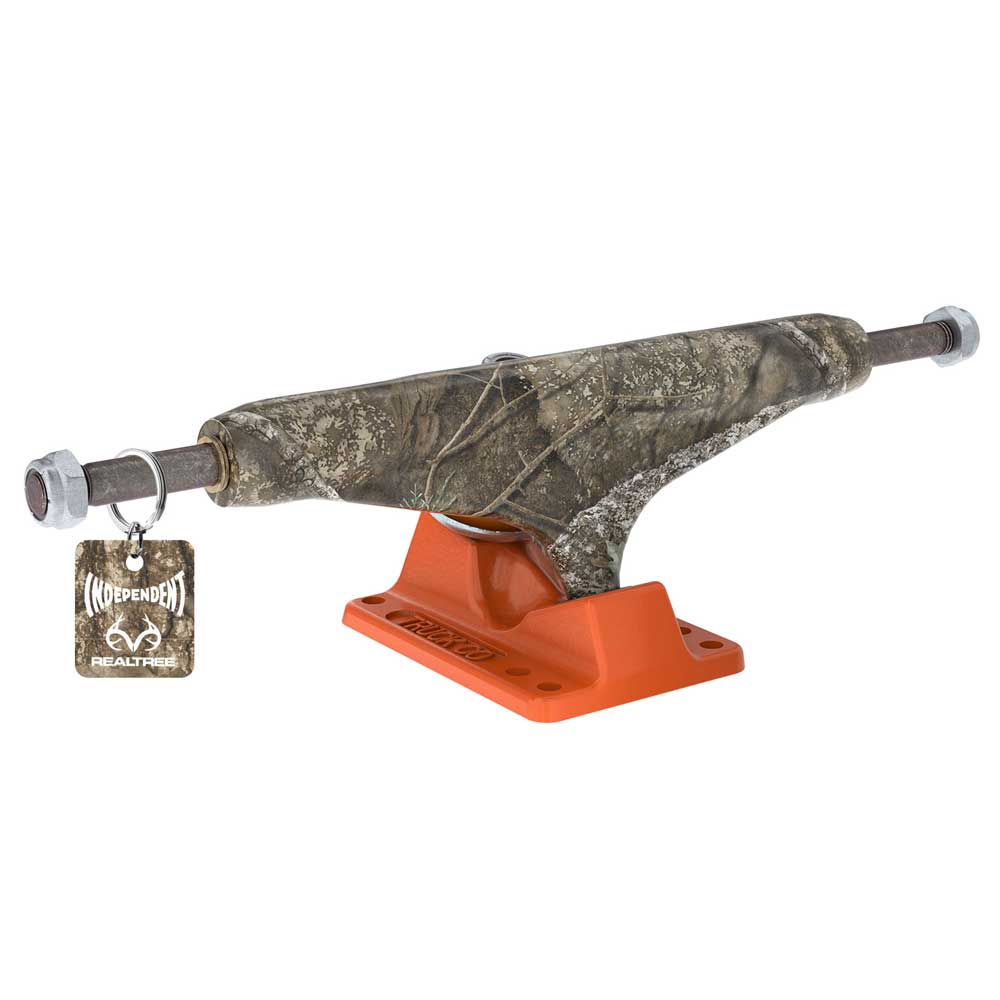 Introducing the Realtree APX INDY 144 Standard Stage 11 Trucks Set of TWO—featuring a camouflage hanger, vibrant orange baseplate, and a metal keychain with both Independent and Realtree logos—these skate trucks blend bold style with top-tier performance for true enthusiasts.