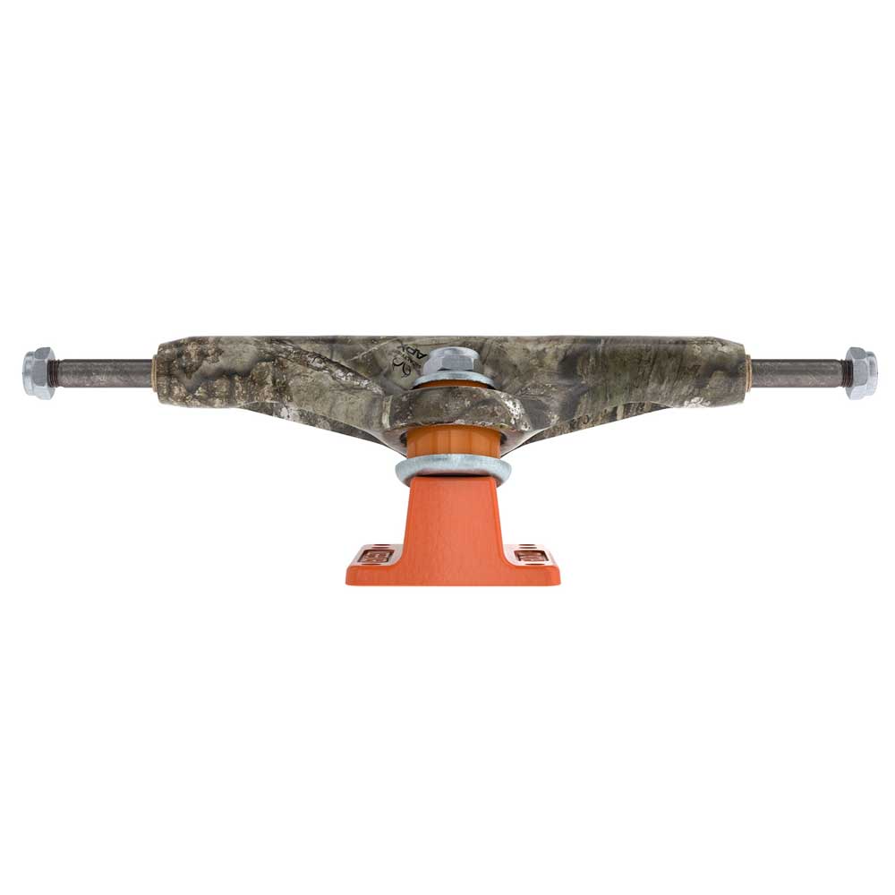 A front view of the Realtree APX INDY 144 Standard Stage 11 Trucks Set of TWO showcases their distinctive orange baseplate and camouflage-patterned hanger, emphasizing the signature design of these skateboard trucks.
