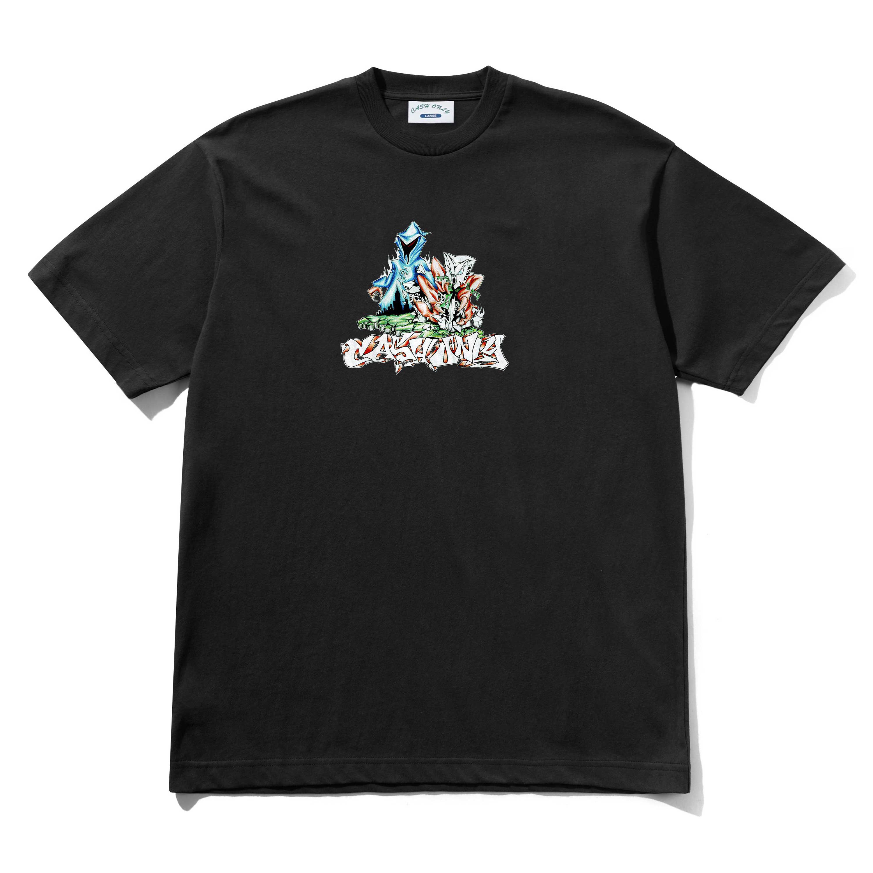 The Reaper Tee Black Cash Only is a black cotton heavyweight tee with a vibrant chest graphic of a blue-hooded figure and a white-armored character above graffiti-style "CASTKING" text.
