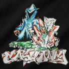 The Reaper Tee Black Cash Only features graffiti-style art: a blue hooded figure and white fox-like character with dollar bills on green bricks above "CASH ONLY," screenprinted on a 6.5oz heavyweight cotton tee with a bold black background.