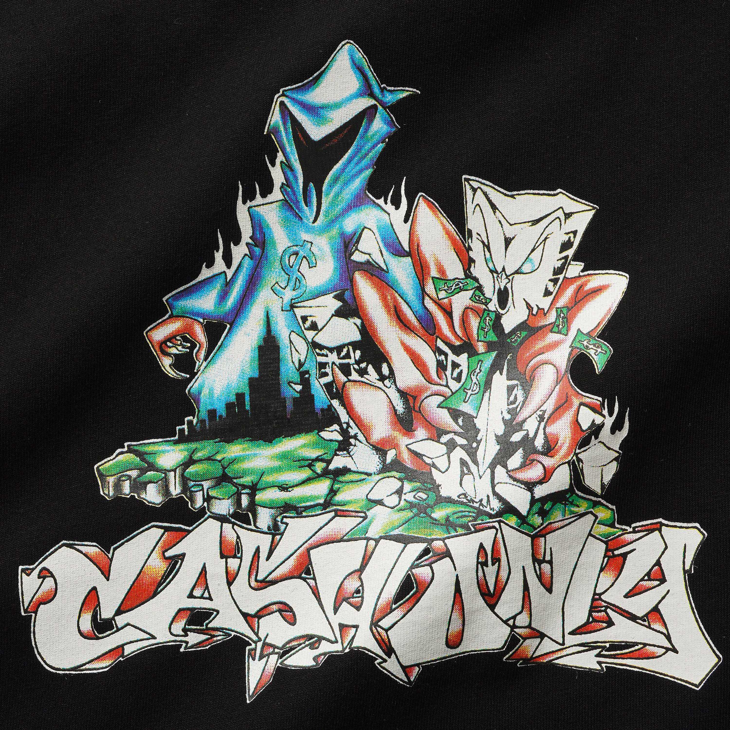 The Reaper Tee Black Cash Only features graffiti-style art: a blue hooded figure and white fox-like character with dollar bills on green bricks above "CASH ONLY," screenprinted on a 6.5oz heavyweight cotton tee with a bold black background.