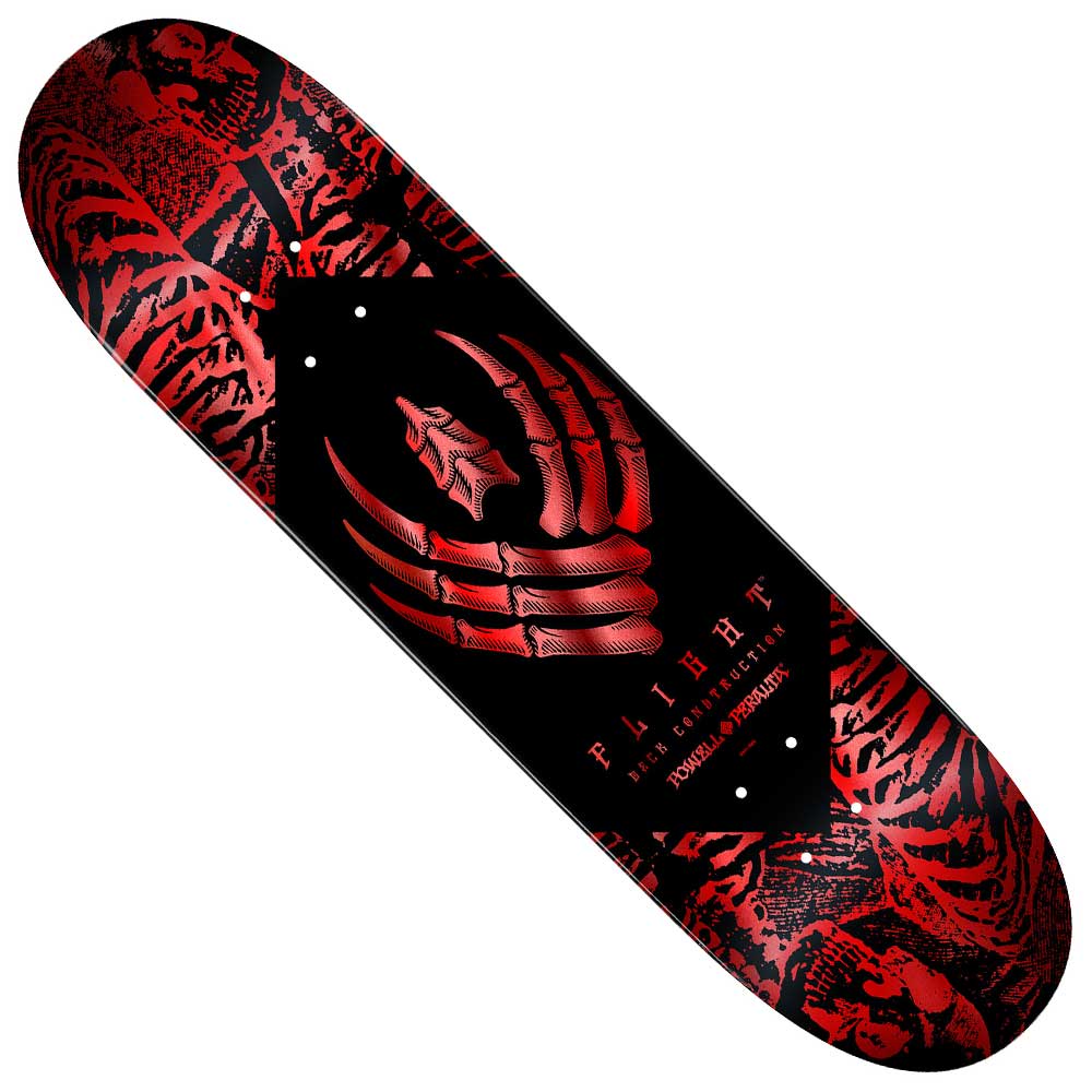 The Red Foil Skeleton Flight Deck 8.38x31.9 by Powell Peralta features a bold red and black design with a central skeletal hand print, plus FAIRHF, Rise, Serve, Revolt, and Thomas Frossard in small text.