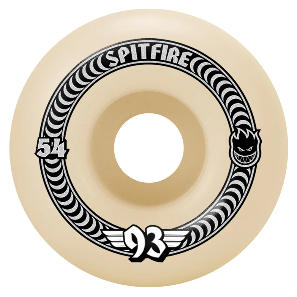 The Spitfire Wheels Classic F4 54mm 93A feature a beige color with black and white SPITFIRE graphics, including a flame-face logo—ideal all-terrain skate wheels for any skateboard.
