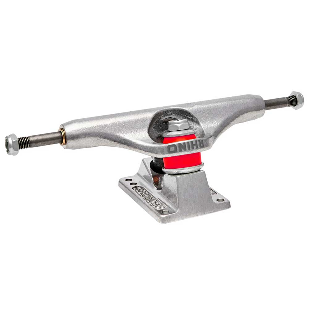 A set of two Rhino Span Polished Silver Standard INDY 169 Stage 11 Trucks features exposed axles and red-and-white bushings, designed for riders like Chris "Rhino" Rooney, with “RHINO” labeling on each polished metal truck.