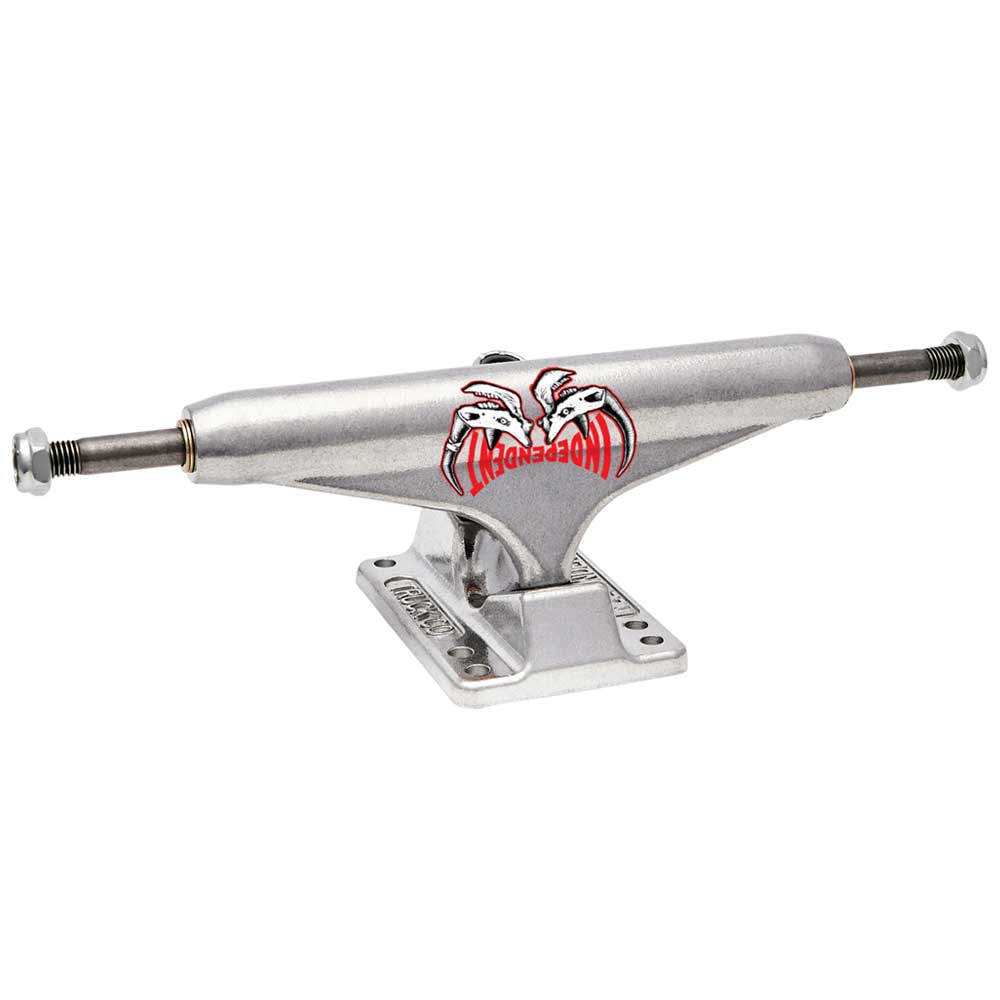 The Rhino Span Polished Silver Standard INDY 169 Stage 11 Trucks Set of TWO features a polished silver finish with a red cross logo—an iconic choice for fans seeking reliable Independent skateboard trucks.